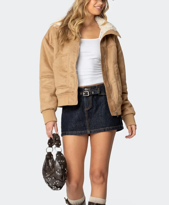 Womens Brown Leather Suede Shearling Jacket Stand Up webp Womens Brown Leather Suede Shearling Jacket Stand Up webp