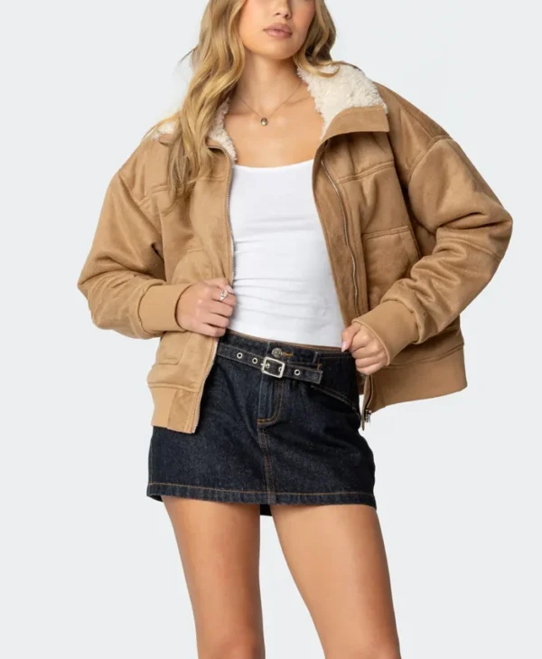 Womens Brown Leather Suede Shearling Jacket Zipper webp