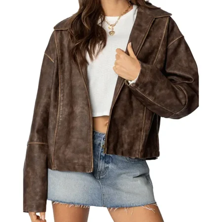 Womens Brown Oversized Distressed Leather Jacket Main webp