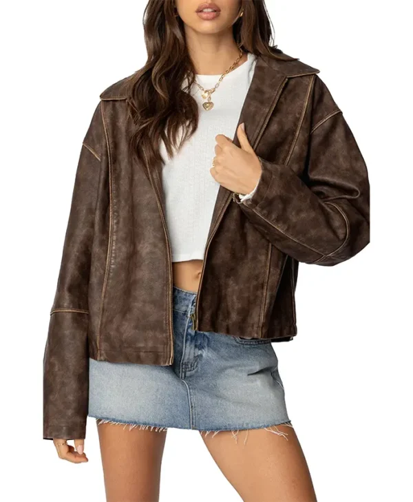 Womens Brown Oversized Distressed Leather Jacket Main webp
