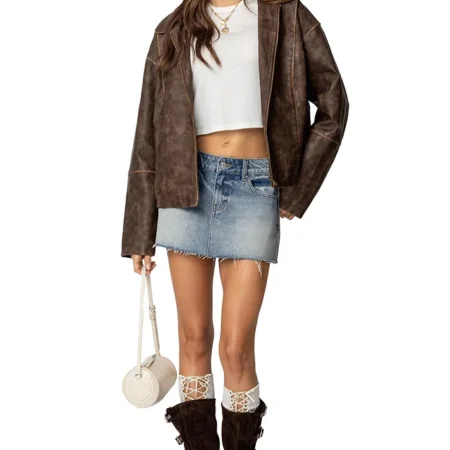 Womens Brown Oversized Distressed Leather Jacket Style webp