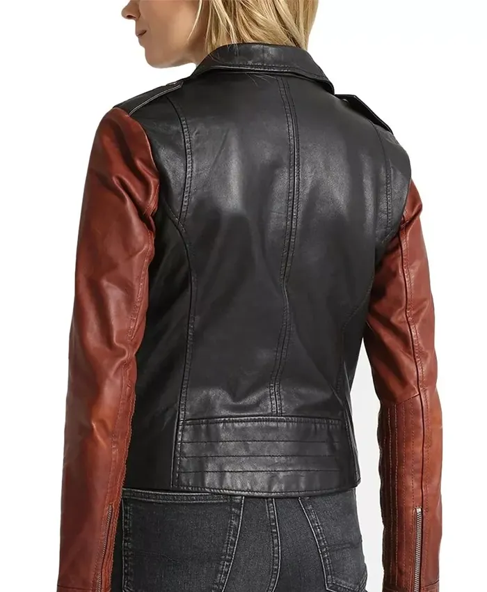 Womens Brown Sleeves Black Leather Motorcycle Jacket Back webp Womens Brown Sleeves Black Leather Motorcycle Jacket Back webp