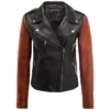 Womens Brown Sleeves Black Leather Motorcycle Jacket Front webp