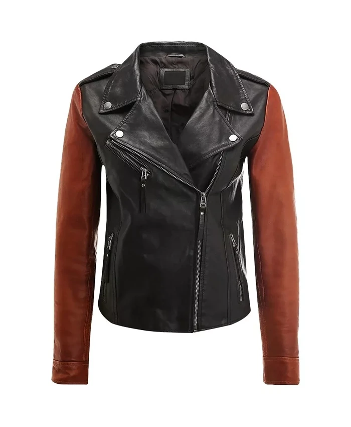 Womens Brown Sleeves Black Leather Motorcycle Jacket Front webp Womens Brown Sleeves Black Leather Motorcycle Jacket Front webp
