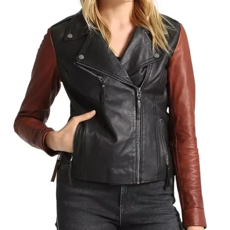 Womens Brown Sleeves Black Leather Motorcycle Jacket Main webp