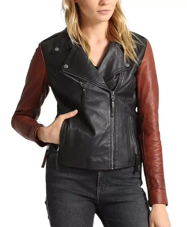 Womens Brown Sleeves Black Leather Motorcycle Jacket Main webp