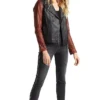 Womens Brown Sleeves Black Leather Motorcycle Jacket Stand webp