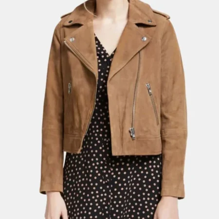 Womens Brown Suede Leather Biker Jacket Front webp