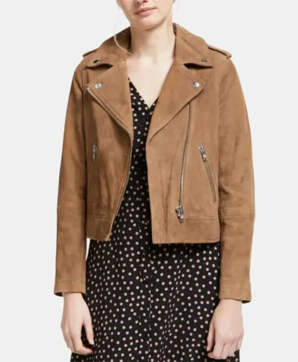 Womens Brown Suede Leather Biker Jacket Front webp