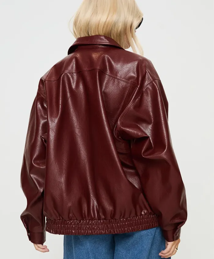 Womens Burgundy Leather Bomber Jacket Back webp Womens Burgundy Leather Bomber Jacket Back webp