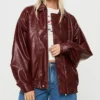 Womens Burgundy Leather Bomber Jacket Front webp