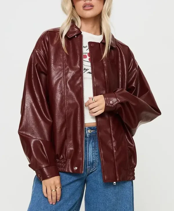 Womens Burgundy Leather Bomber Jacket Front webp