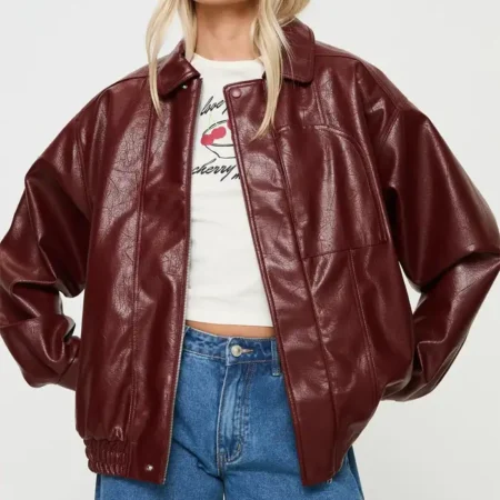 Womens Burgundy Leather Bomber Jacket Main webp