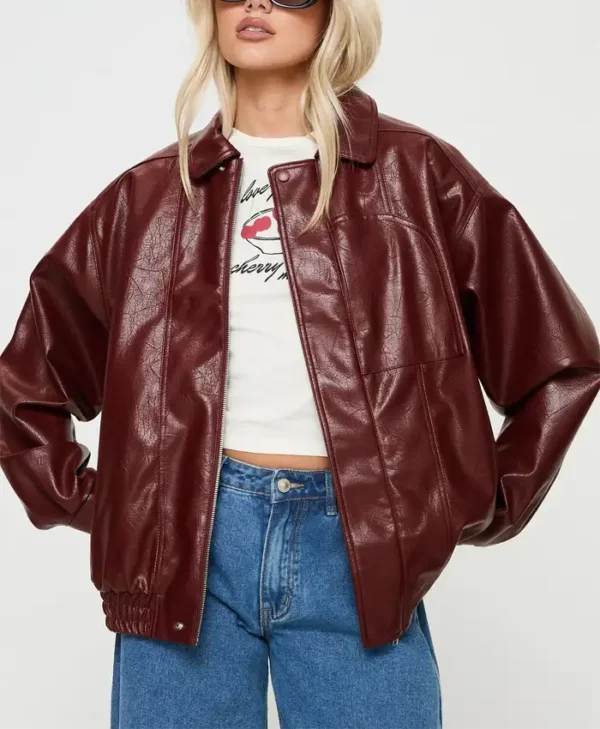 Womens Burgundy Leather Bomber Jacket Main webp