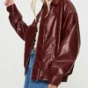 Womens Burgundy Leather Bomber Jacket Side webp