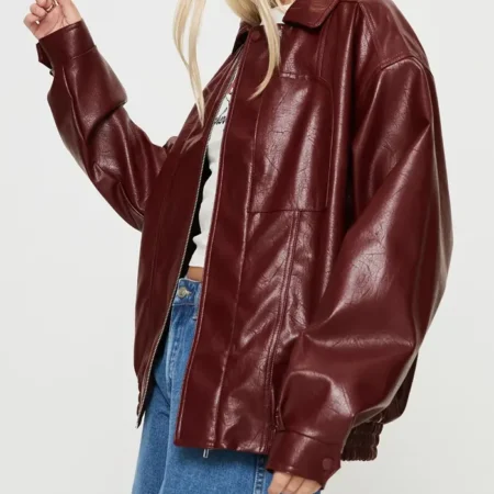 Womens Burgundy Leather Bomber Jacket Side webp