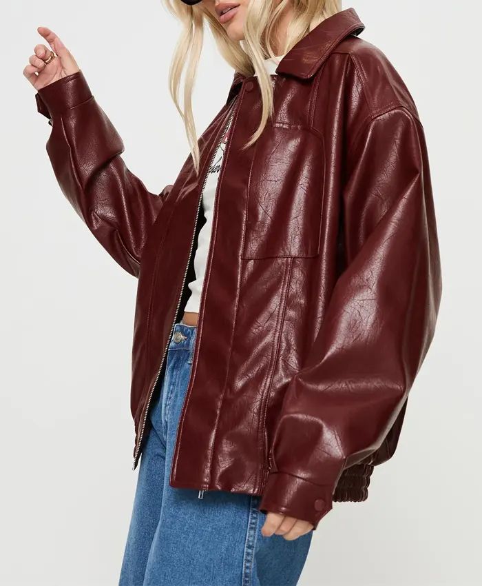 Womens Burgundy Leather Bomber Jacket Side webp Womens Burgundy Leather Bomber Jacket Side webp