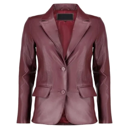 Womens Buttoned Burgundy Leather Blazer Main webp