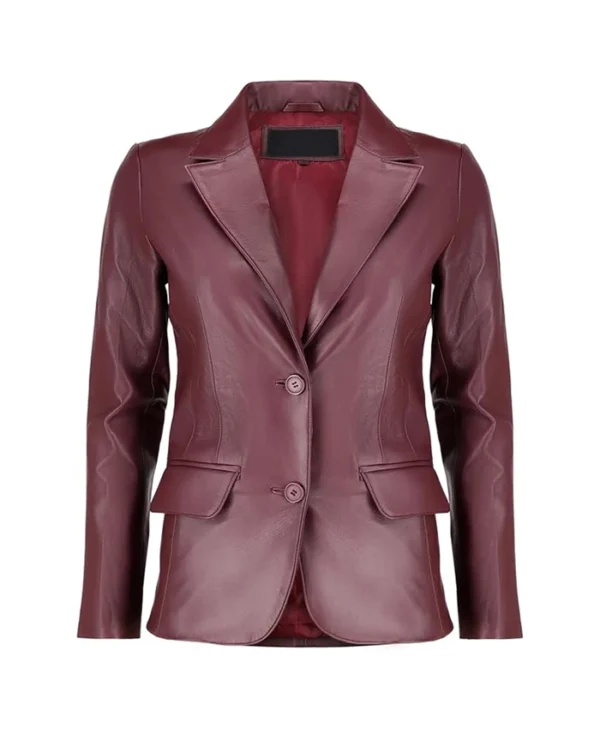 Womens Buttoned Burgundy Leather Blazer Main webp