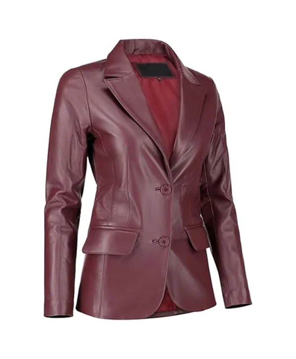 Womens Buttoned Burgundy Leather Blazer Side webp