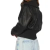 Womens Cropped Black Leather Bomber Jacket Back webp