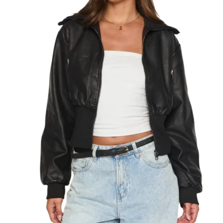 Womens Cropped Black Leather Bomber Jacket Main webp