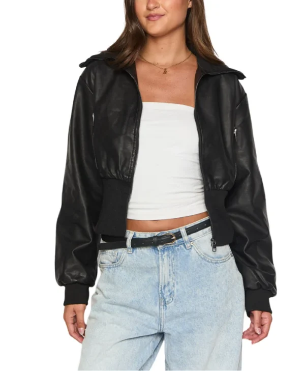 Womens Cropped Black Leather Bomber Jacket Main webp