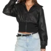 Womens Cropped Black Leather Bomber Jacket Pockets webp