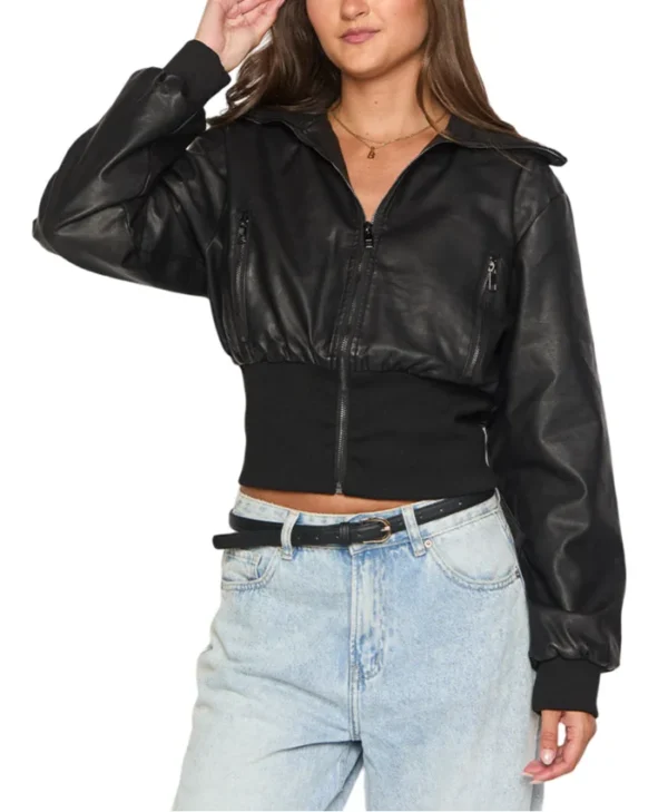 Womens Cropped Black Leather Bomber Jacket Pockets webp