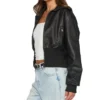 Womens Cropped Black Leather Bomber Jacket Side webp