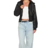 Womens Cropped Black Leather Bomber Jacket Stand webp