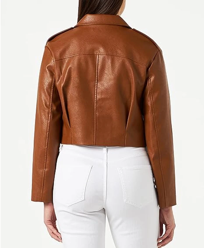 Womens Cropped Leather Jacket Brown Back webp Womens Cropped Leather Jacket Brown Back webp