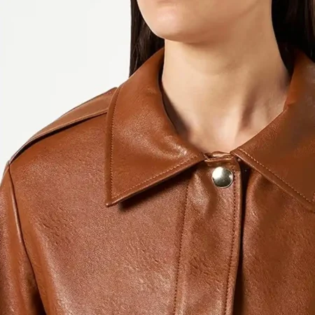 Womens Cropped Leather Jacket Brown Collar webp