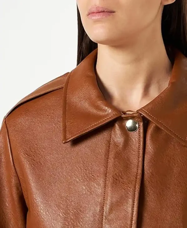Womens Cropped Leather Jacket Brown Collar webp