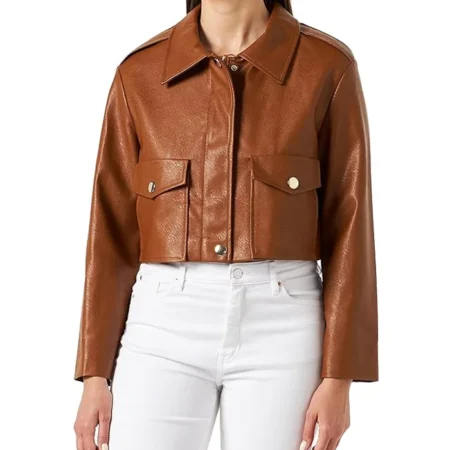 Womens Cropped Leather Jacket Brown Main webp