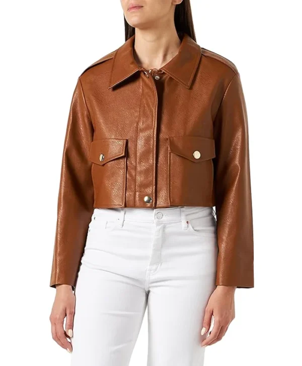 Womens Cropped Leather Jacket Brown Main webp