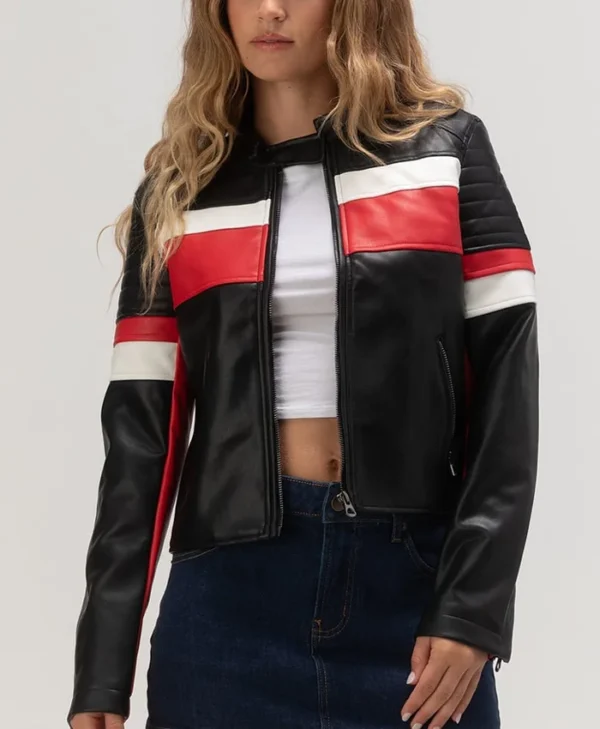 Womens Cropped Leather Jacket Racer Red And Black Main webp