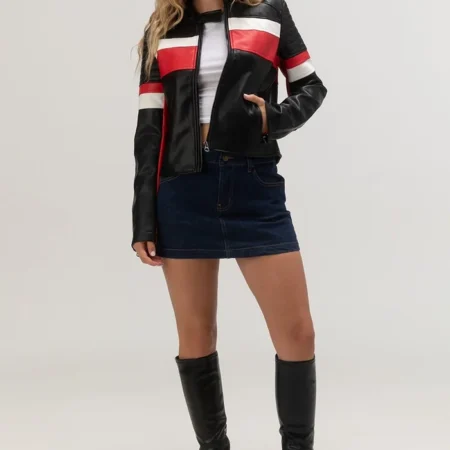 Womens Cropped Leather Jacket Racer Red And Black Stand webp