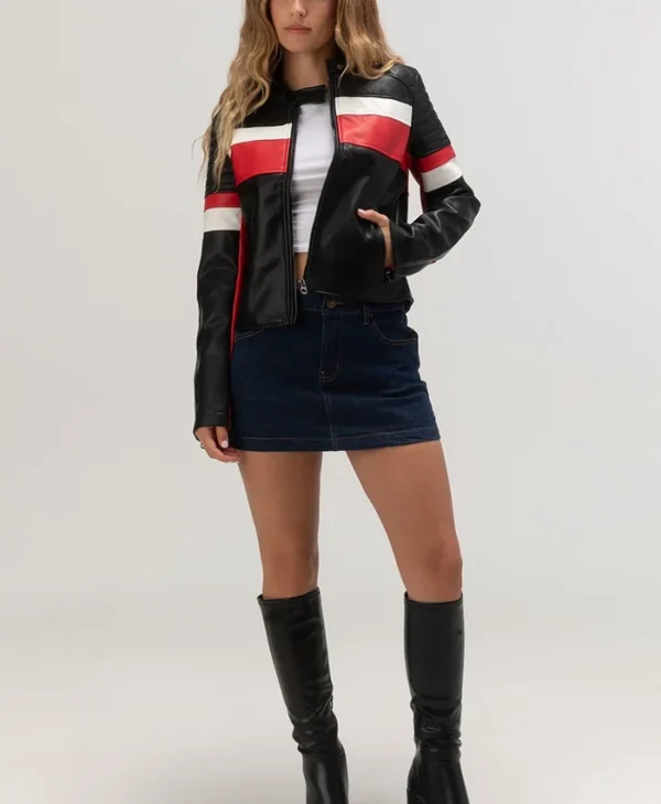 Womens Cropped Leather Jacket Racer Red And Black Stand webp