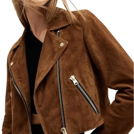 Womens Cropped Suede Leather Motorcycle Jacket Collar webp