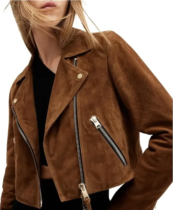 Womens Cropped Suede Leather Motorcycle Jacket Collar webp