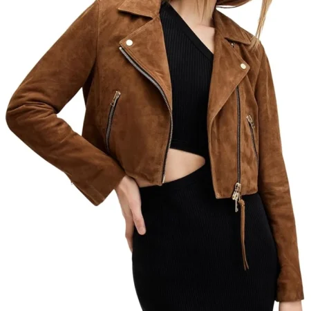 Womens Cropped Suede Leather Motorcycle Jacket Main webp