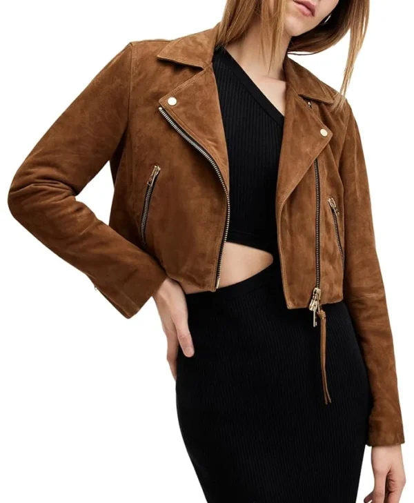 Womens Cropped Suede Leather Motorcycle Jacket Main webp