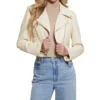 Womens Cropped White Leather Biker Jacket Main webp