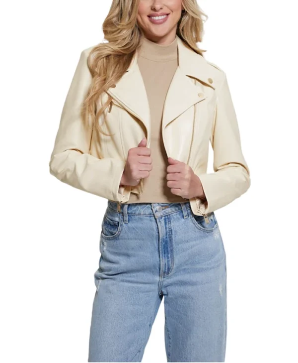 Womens Cropped White Leather Biker Jacket Main webp