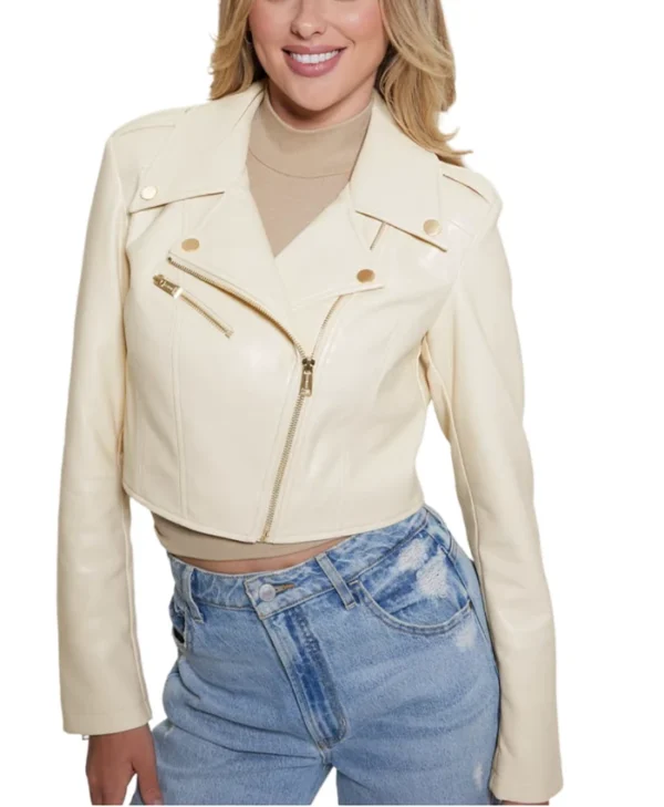 Womens Cropped White Leather Biker Jacket Zipper webp