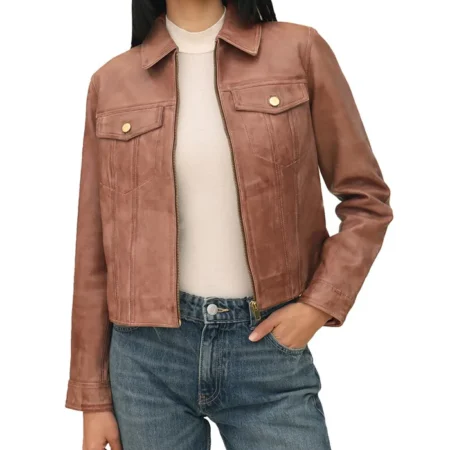 Womens Dark Brown Leather Trucker Jacket Main webp