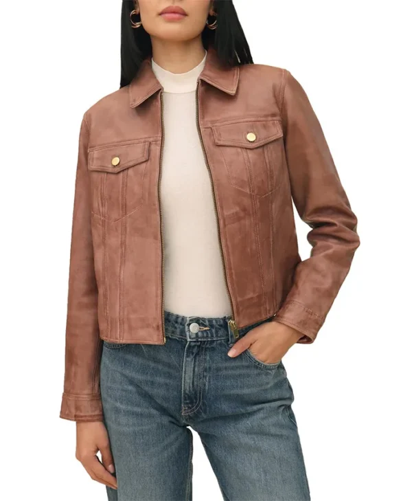 Womens Dark Brown Leather Trucker Jacket Main webp