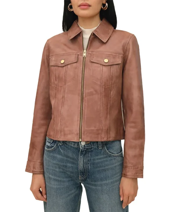 Womens Dark Brown Leather Trucker Jacket Zipper webp