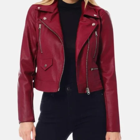 Womens Dark Red Cropped Leather Jacket webp